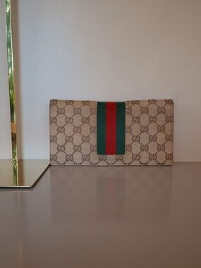 Gucci Beige Monogram Continental Wallet with Green and Red Web